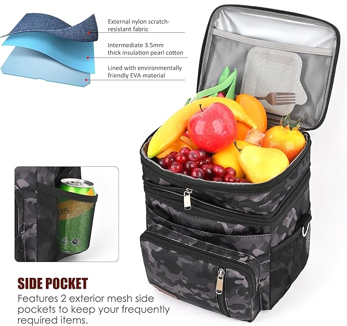 MIYCOO Lunch Bag & Lunch Box for Men Women Double Deck - Leakproof Insulated Soft Large Adult Lunch Cooler Bag for Work (Black Camo,15L)