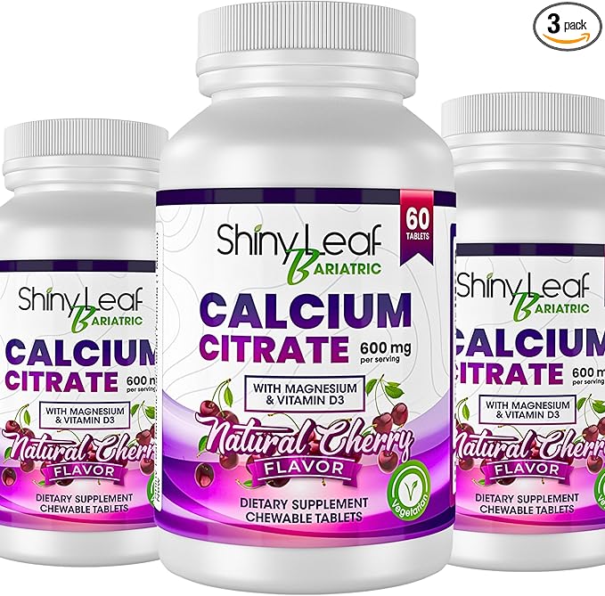 Shiny Leaf Bariatric Calcium Citrate Chews - 600mg, with Vitamin D 3 Plus Magnesium - Chewable Supplements for Women and Men, Bariatric Patients Vitamins for Bone and Joints Health, 180 Count, Cherry