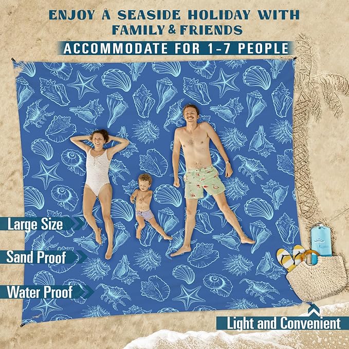 Beach Blanket Sandproof Waterproof 78''×110'' 1-7Adults Oversized,Compact Lightweight Durable Beach Mat for Travel Camping Hiking Picnic Blanket