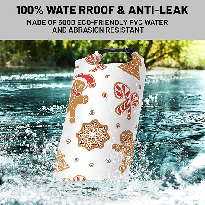 Waterproof Dry Bag,Roll Top Christmas Gingerbread Man Winter Small Waterproof Backpack 5L/10L/20L Floating and Lightweight Bags for Kayaking, Boating, Fishing, Swimming and Camping