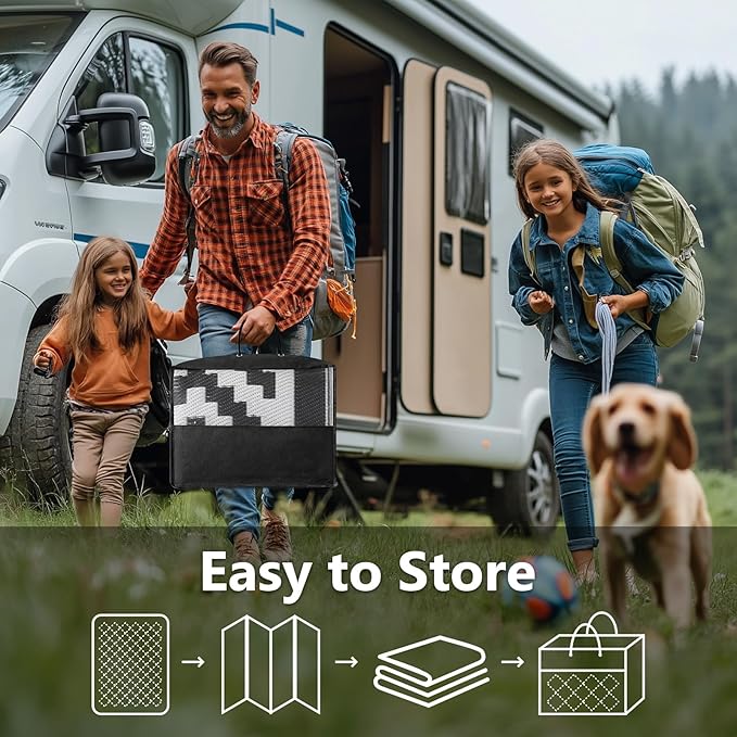 5x8 ft Outdoor Rug Waterproof, Plastic Straw Patio Carpet - UV Resistant Reversible Indoor Outdoor Rugs for Porch, Camping, Poolside, RV, Balcony, Easy to Clean, Black and White