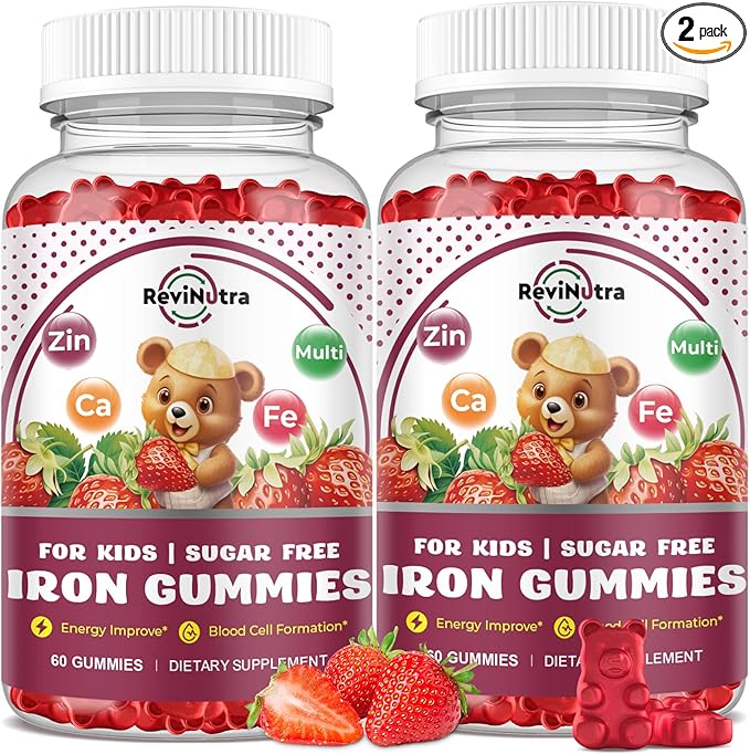 Iron Supplement Gummies for Kids - with Calcium, Zinc, Kids Multivitamin with Iron Gummies - Immune Support, Blood Builder & Energy Support for Iron Deficiency - 2 Pack Strawberry Flavour, 60 Gummies
