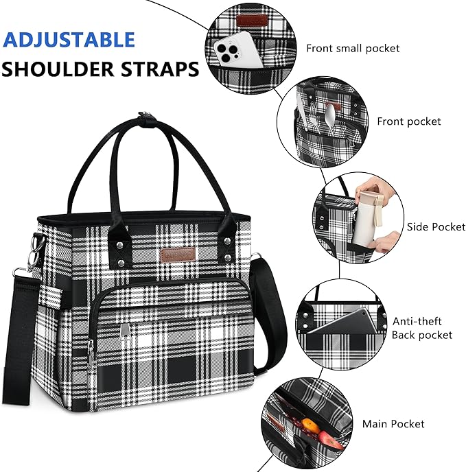 MIYCOO Lunch Bag Lunch Box Women - Leakproof Insulated Lunch Cooler Bag for Women - Large Lunch Tote Bags Adults, Checkered Black and White