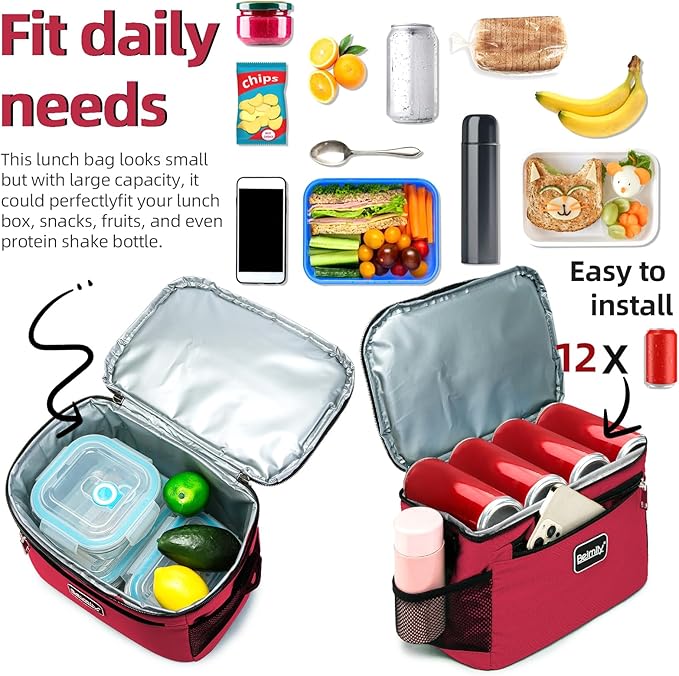 BEIMILY Lunch Box for Men/Women,Small Insulated Lunch Bag,Reusable LunchBox for work Picnic Hiking Beach,Leakproof Soft Cooler Tote Bag Organizer with Adjustable Shoulder Strap for Adults(Red)