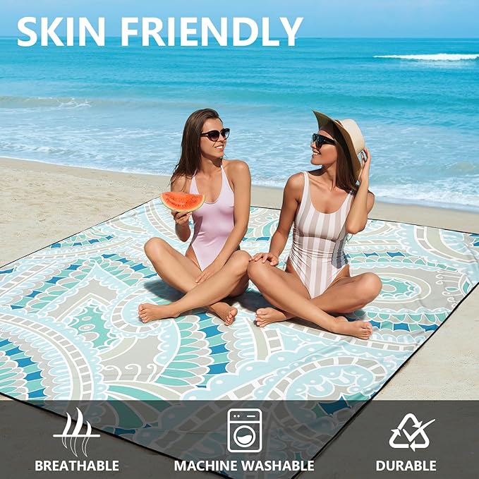 Beach Blanket Sandproof Extra Large Beach Mat Adults Waterproof Quick Drying Sand Free Mat Made by Premium Polyester with 4 Stakes & 4 Corner Pockets for Outdoor Travel Camping Hiking