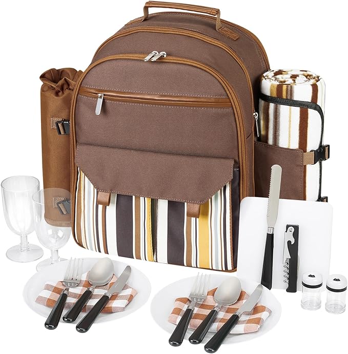 22L Insulated Picnic Basket Leak Proof Picnic Backpack for 2, Brown Camping Gifts, Cool Bridal Shower Gifts for Bride and Groom, Mr and Mrs, Anniversary Engagement Wedding for Newly Engaged Couples