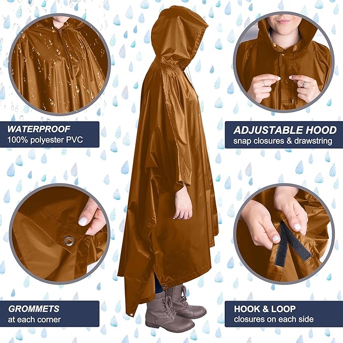 Heavy Duty Rain Poncho for Backpacking, Waterproof Lightweight for Adults, Military, Emergency, Camping, Men, Women