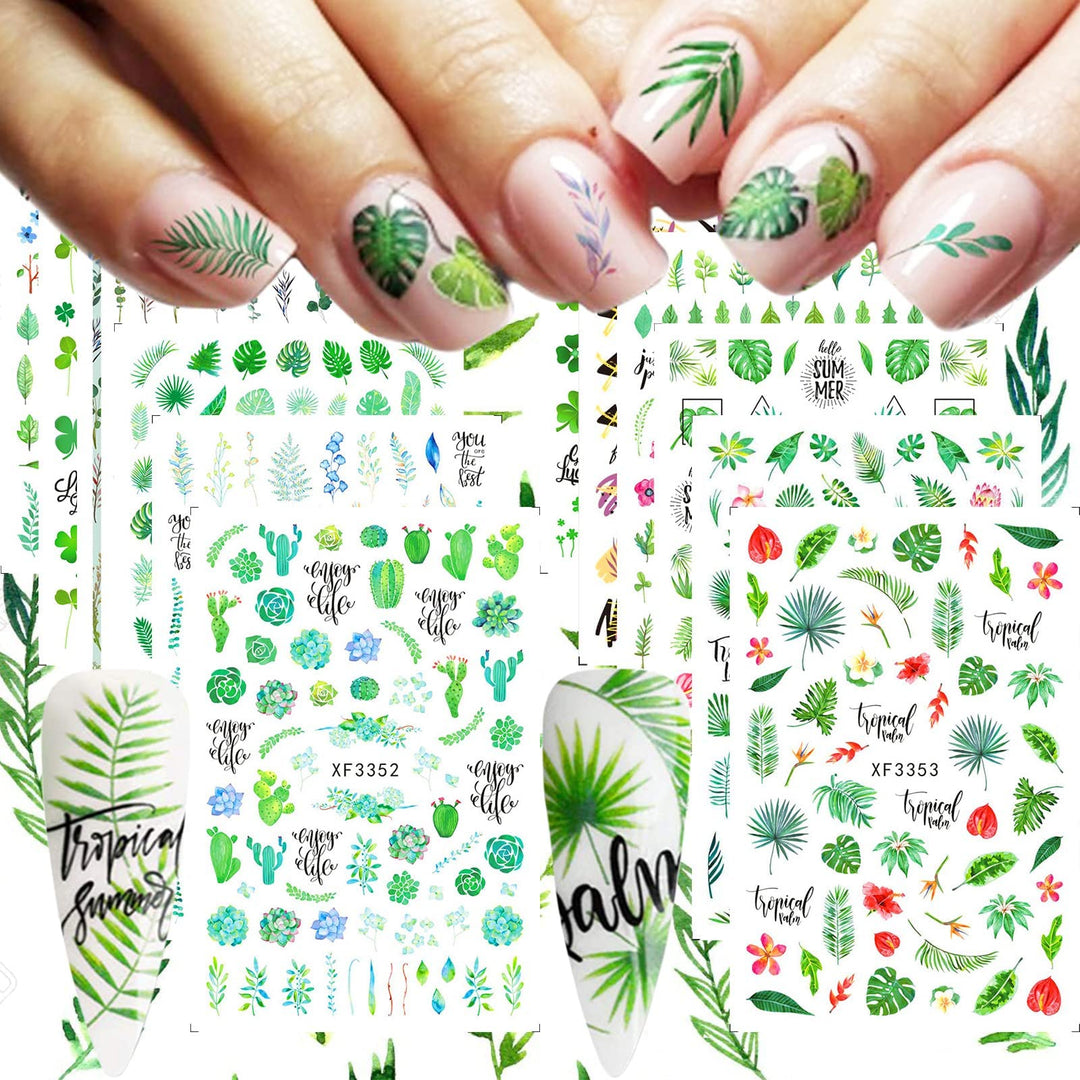 12 Sheets Summer Leaf Nail Art Stickers 3D Self-Adhesive Nail Decals Nail Art Supplies Palm Leaves Clover Nail Design For Women