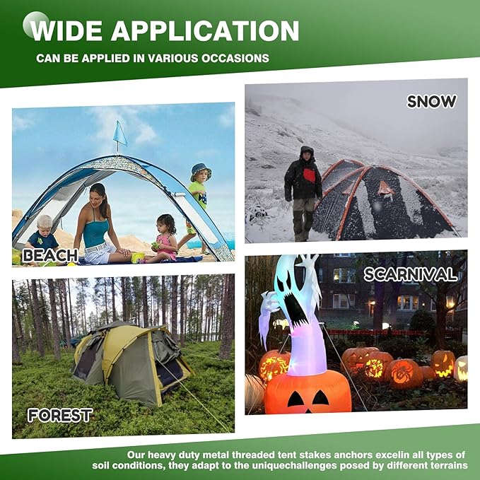 16 Pcs 8" Heavy Duty Metal Threaded Tent Stakes Tent Pegs Ground Stakes Glow in The Dark Drill in Style Ground Anchors Screw in for Yard Camping Garden Canopies Grassland (Hex Tool and Carry Case)