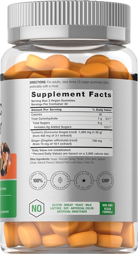 Horbäach Turmeric and Ginger Gummies | 120 Count | Peach Flavor | Vegan Non-GMO & Gluten Free Supplement