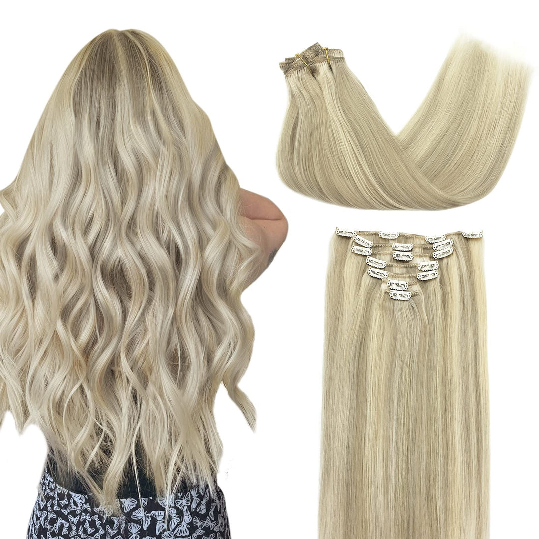 Doores Clip In Human Hair Extensions Balayage Ash Blonde Highlighted Platinum Blonde 120G 7Pcs 14 Inch Remy Hair Extensions Clip