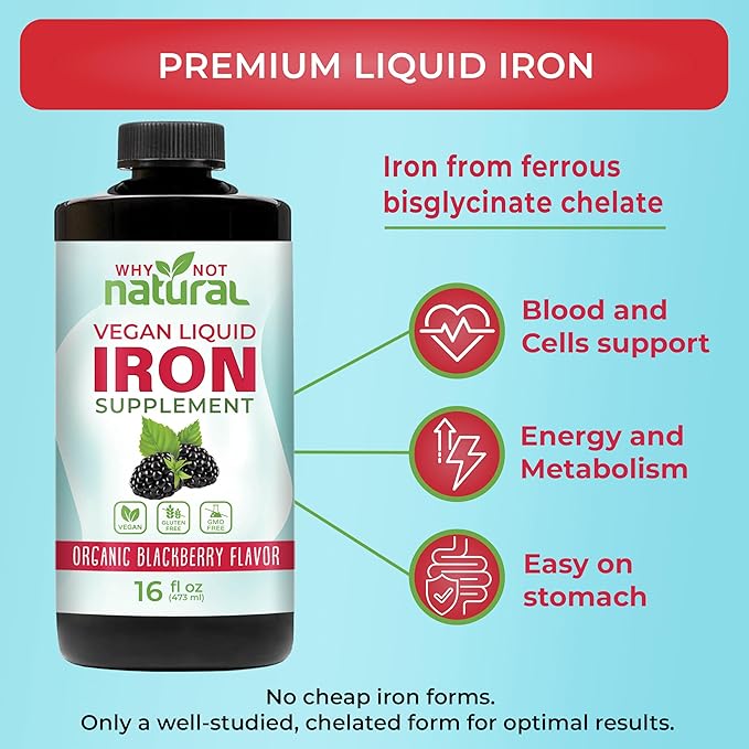 Why Not Natural Liquid Iron Supplement for Women, Men and Kids, Vegan Formulation for Anemia, Sugar Free, Vegan, Non-GMO, Organic BlackBerry Flavor 16 Fl Oz