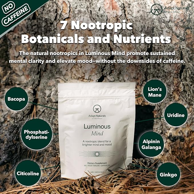 Adapt Naturals Luminous Mind Nootropic Brain Supplement with Ginkgo Biloba, Bacopa and Lions Mane | Memory, Focus, Mental Clarity and Elevated Mood Support | No Caffeine, Crash Free - 30 Days Supply