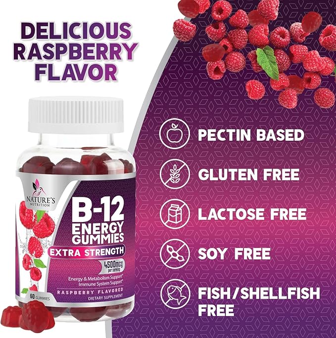 B-12 Vitamin Energy Gummies - 4500mcg Extra Strength B12 Gummy Chewables for Energy Metabolism & Immune Support - Dietary Supplement for Women, Men, & Kids - Non-GMO, Vegan, Berry Flavor - 60 Count