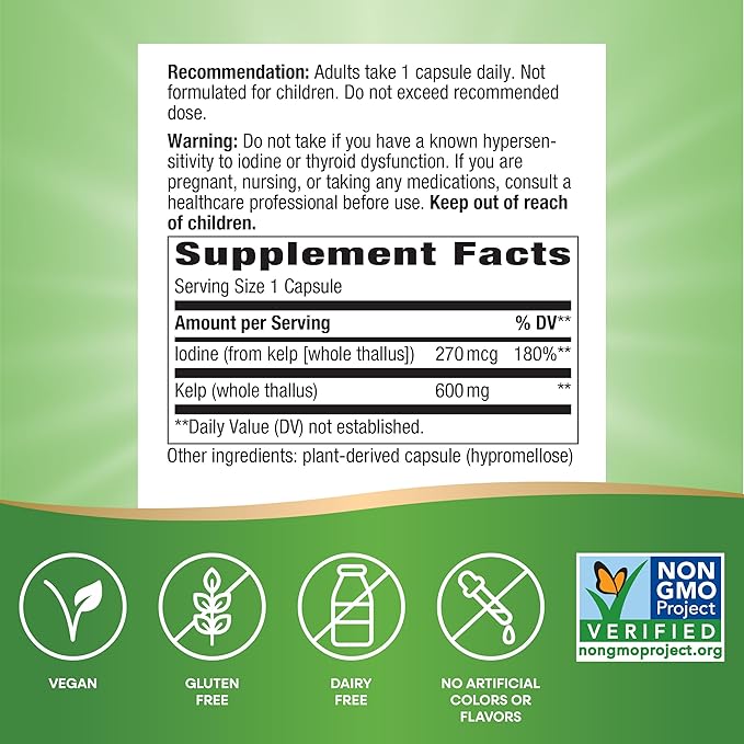 Nature's Way Kelp, Supports Thyroid Function*, 600 mg per Serving, Non-GMO Project Verified, 180 Capsules (Packaging May Vary)