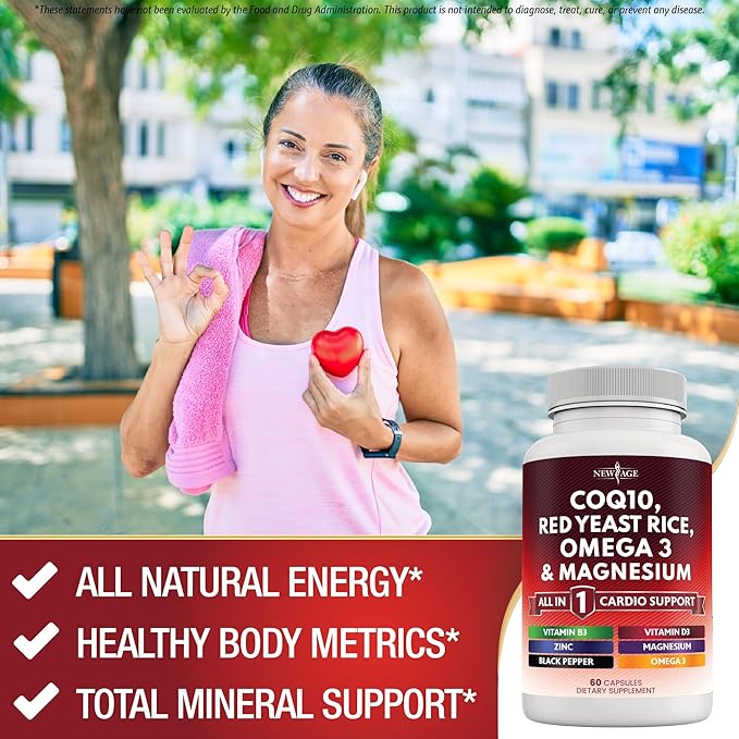 NEW AGE COQ10 200mg Red Yeast Rice Omega 3-6-9 Magnesium Complex Zinc Vitamin K2 D3 - Support Vitamins for Women and Men with Vitamin B3, Coenzyme Q10-180 Count