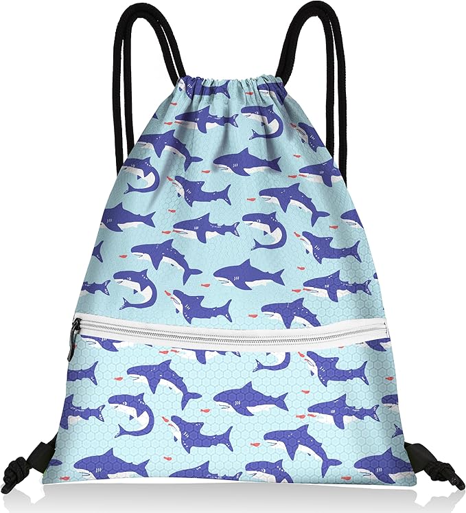 Slohif Drawstring Backpack Beach Swim Bag for Kids Little Sharks Draw String Dance Travel Cinch Ballet Gym Bags for Girls Boys Waterproof Backpack for Swimming Summer Camp Pool Sports Nylon Large