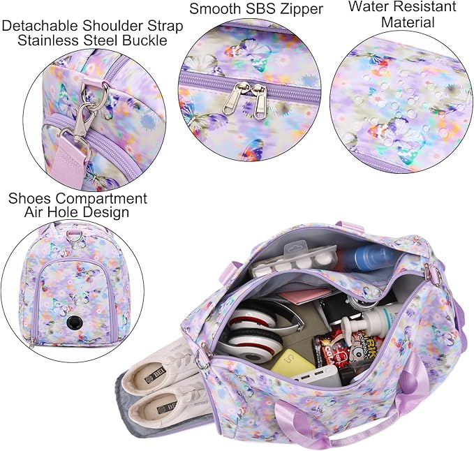 Butterfly Dance Duffel for Girls - Gymnastics, Overnight, Travel & Sleepover Bag with Shoe Compartments
