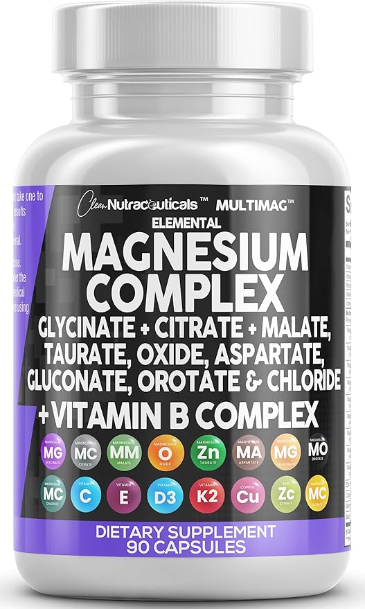 Clean Nutraceuticals Magnesium Complex with Magnesium Glycinate Citrate Malate Oxide Taurate Aspartate Orotate & Mag Chloride, Zinc Copper Manganese & Vitamin C B1 B2 B6 B12 Complex - 1Pack