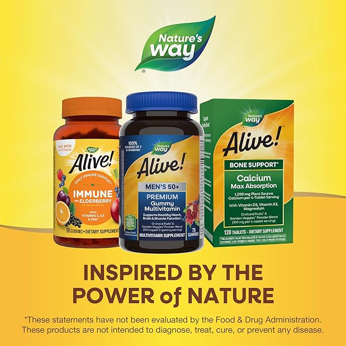 Nature’s Way Alive! Men’s 50+ Premium Gummy Multivitamin, Supports Healthy Heart, Brain & Muscle Function*, B-Vitamins, Vegetarian, Grape, Orange and Cherry Flavored, 75 Gummies