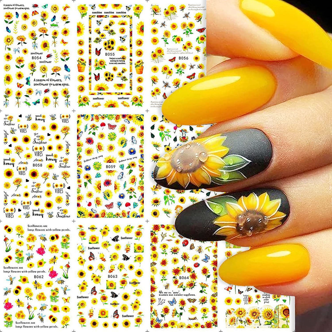 12 Sheets Sunflower Nail Stickers Decals Sunflowers Butterfly Bee Letter Design Floral Flower Nail Stickers Self-Adhesive Colorf