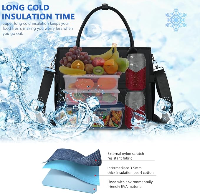 Lunch Bag Lunch Box Women - Leakproof Insulated Lunch Cooler Bag for Men Women - Large Lunch Tote Bags Adults, Black - MIYCOO