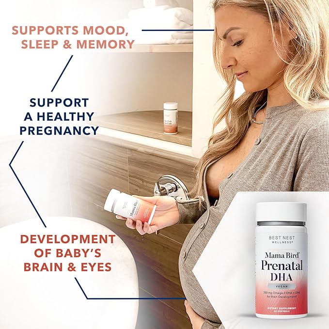 Best Nest Wellness Mama Bird Vegan Prenatal DHA - Brain & Eye Support Supplement for Baby - Vegan Prenatal Supplement with Algae DHA - Nutritional Supplement for Mom - 60 Softgels