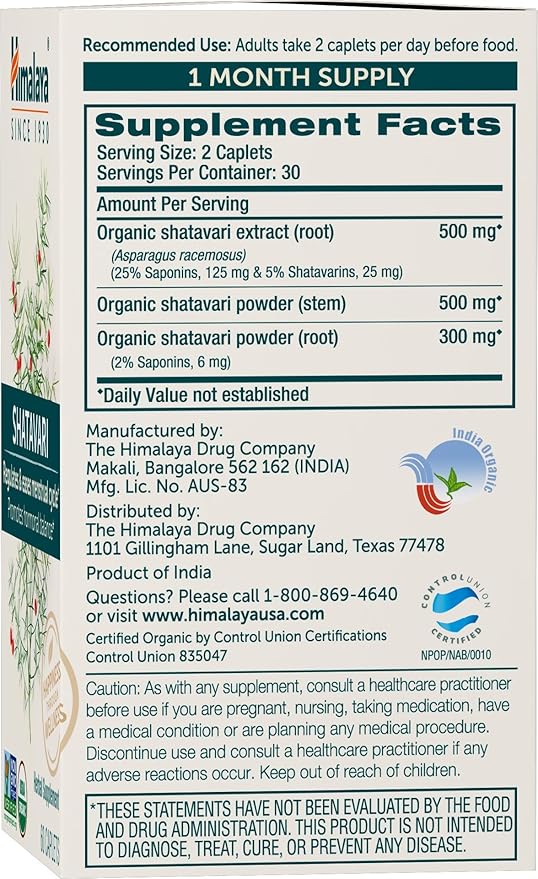 Himalaya Organic Shatavari for PMS, Menstrual Cramp Relief, Menopause Support, and Women's Health, 1,300 mg, 60 Caplets, 2 Month Supply, 2 Pack
