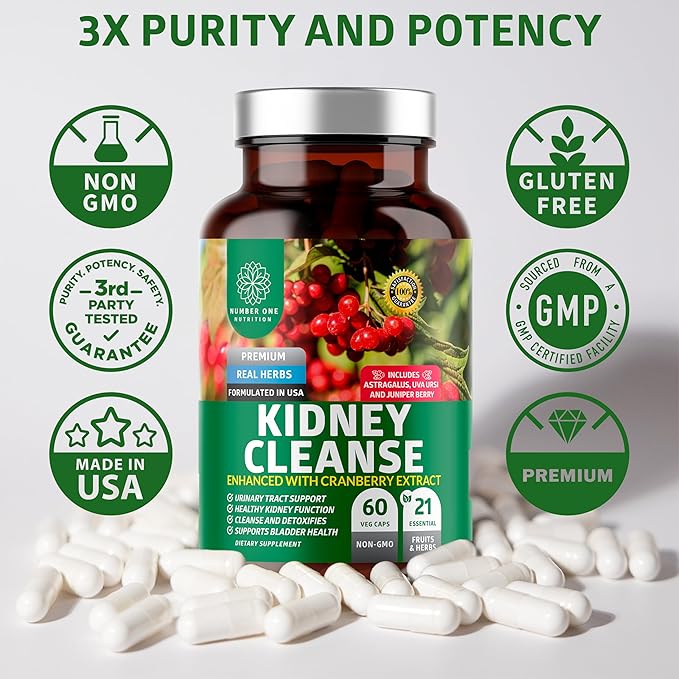N1N Premium Kidney Cleanse [21 Potent Herbs] for Urinary Tract & Bladder Control, Natural Kidney Support with Cranberry Extract, Astragalus and Uva Ursi Leaf, 60 Veg Caps