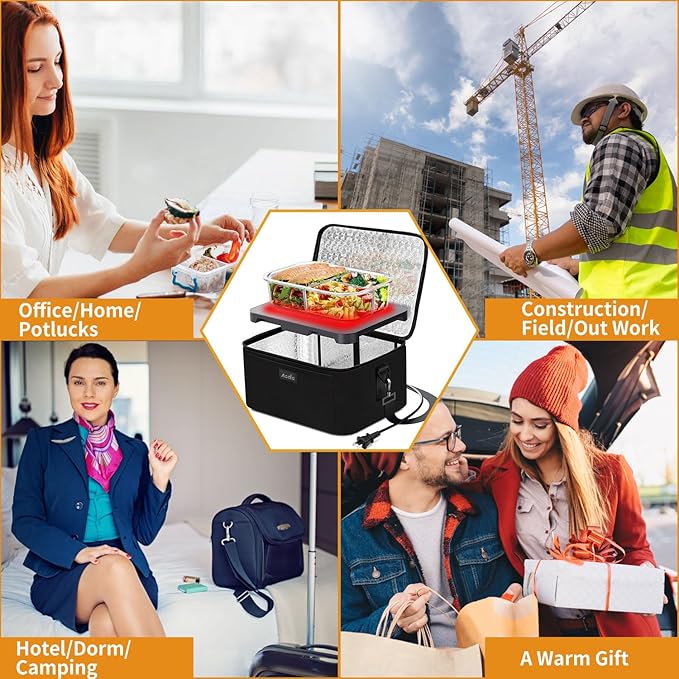 Aotto Portable Oven Electric Lunch Box Food Heater - 80W Heated Lunch Box Food Warmer for Adults, Work, Travel, Home Kitchen - Cook, Reheat, and Keep Warm (Black) 110V/120V