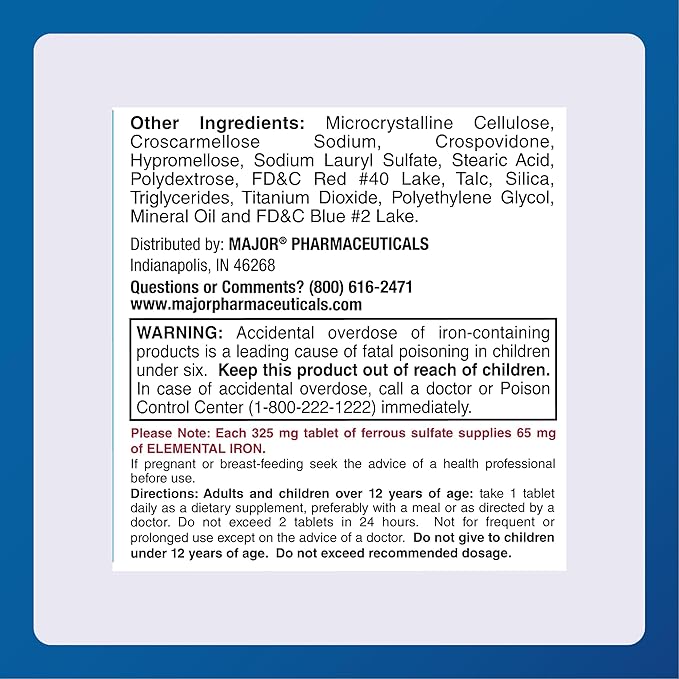 Major Ferosul - Ferrous Sulfate 325mg Tablets with 65mg of Elemental Iron - Iron Supplement for Women, Men - Red - 100 Tablets - Pack of 1