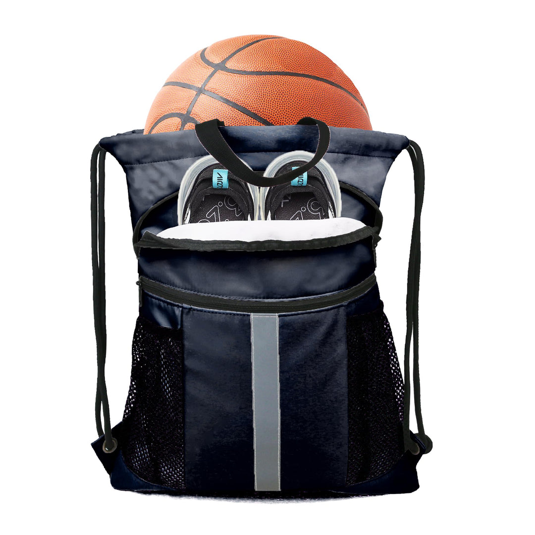 BeeGreen Navy Blue Drawstring Backpack Bag with Shoe Compartment X-Large Gym Sports String Cinch Sackpack with Front Inside Zipper Pockets 75D