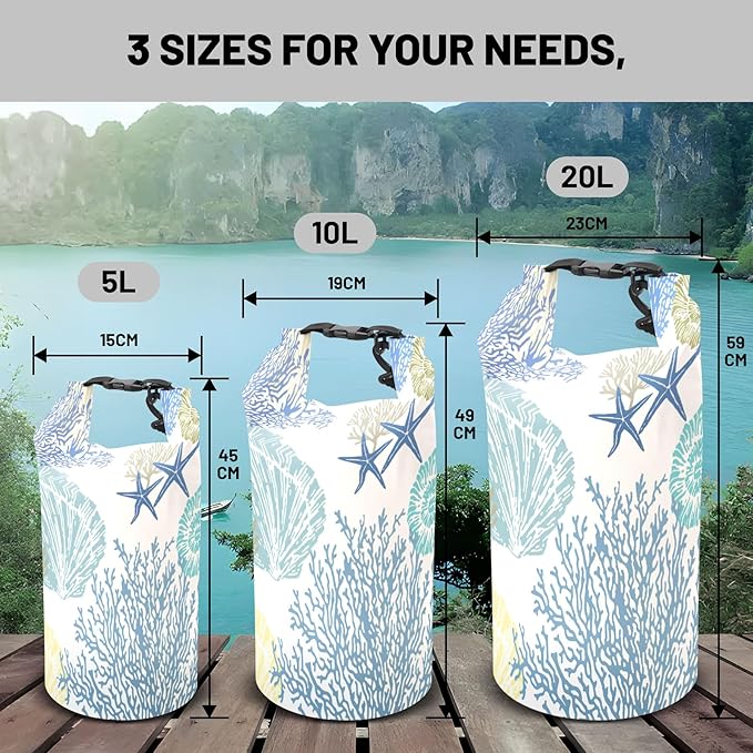 Waterproof Dry Bag,Roll Top Nautical Coastal Beach Seashell Starfish Small Waterproof Backpack 5L/10L/20L Floating Lightweight Bags for Kayaking,Boating,Swimming Camping with Waterproof Phone Case