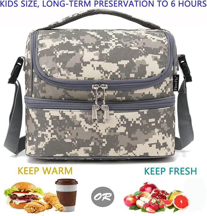 FlowFly Kids Double Decker Cooler Insulated Lunch Bag Large Tote for Boys, Girls, Men, Women, With Adjustable Strap, Digital Camo