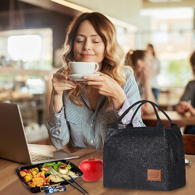 Aosbos Lunch Bag Women Insulated Lunch Bags for Adult Lunch Box for Women Lunchbox Lunch Tote Bag Cooler Bag for Work Office Picnic, Night Black