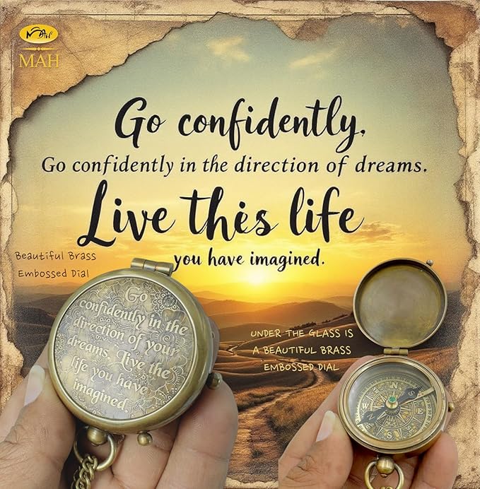 True North Compass – Go Confidently in The Direction of Your Dreams – Embossed Brass Compass – Graduation, Confirmation, Birthday, Motivational Gift for Him, Her, Students, Boys, Girls, High School
