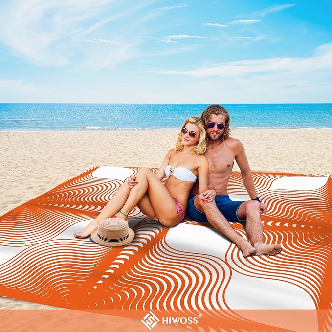 Beach Blanket Waterproof Sandproof Oversized 95”x 80”,Sand Free Beach Mat with Corner Pockets,Portable Mesh Bag for Beach Festival,Picnic,Travel and Outdoor Camping (Burningorange)