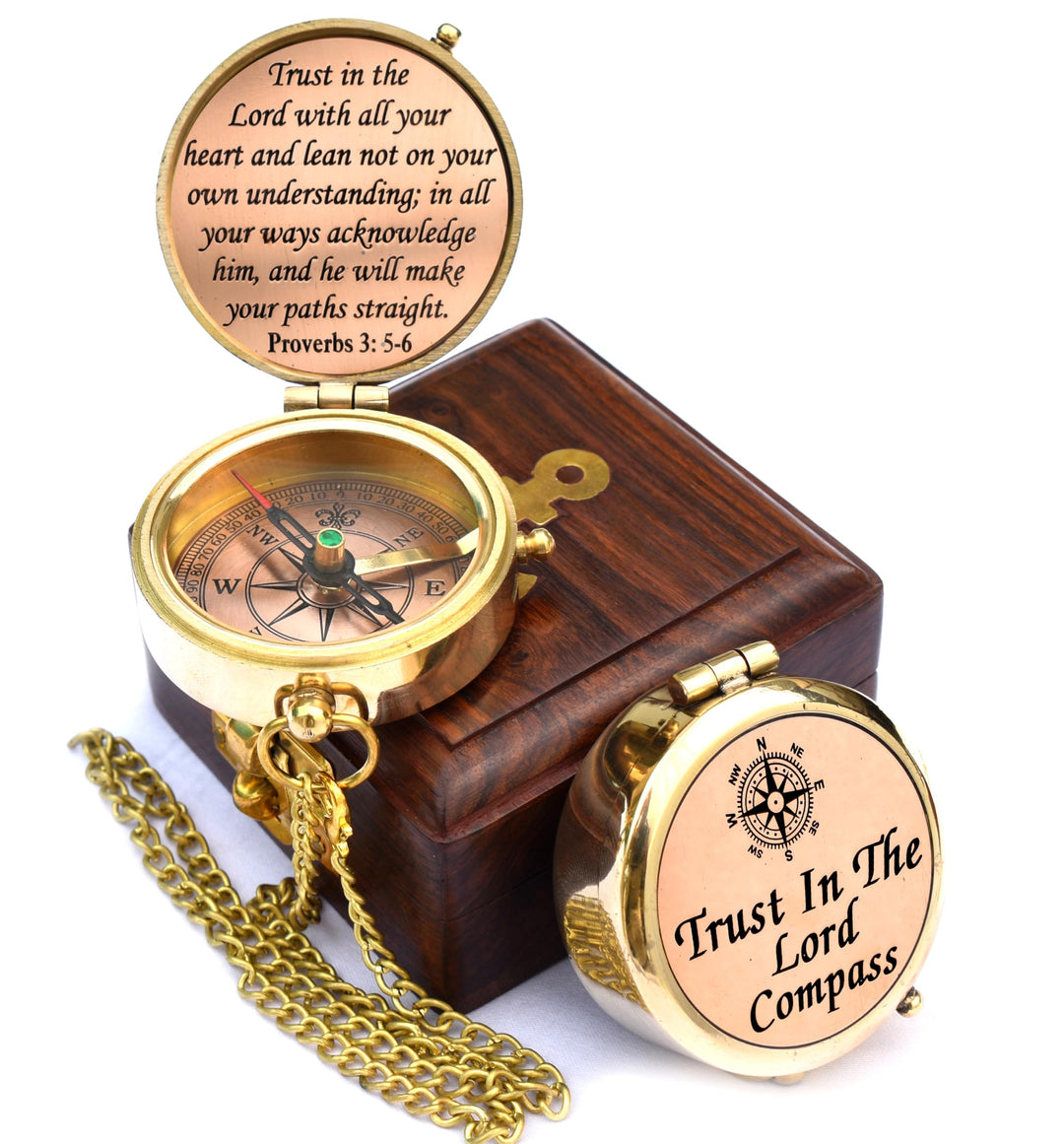 Trust in The Lord with All Your Heart -Proverbs 3: 5-6 Quote Engraved Compass with Wooden Box,Camping Compass, Gift Compass, Graduation Day Gifts 2024 Compass for Women Mens Boy Girls