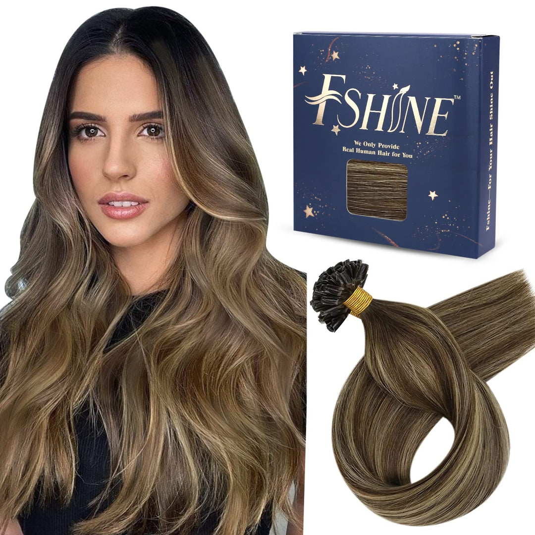 Fshine U Tip Hair Extensions Human Hair Ombre Remy Pre Bonded Hair Extensions Balayage Dark Brown Fading To Caramel Blonde And C
