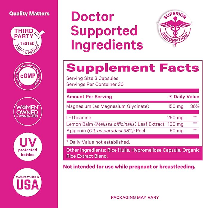 Pink Stork Magnesium Glycinate, L-Theanine, Lemon Balm - Melatonin-Free Magnesium for Sleep Support - Natural Calm and Relaxation - 90 Capsules