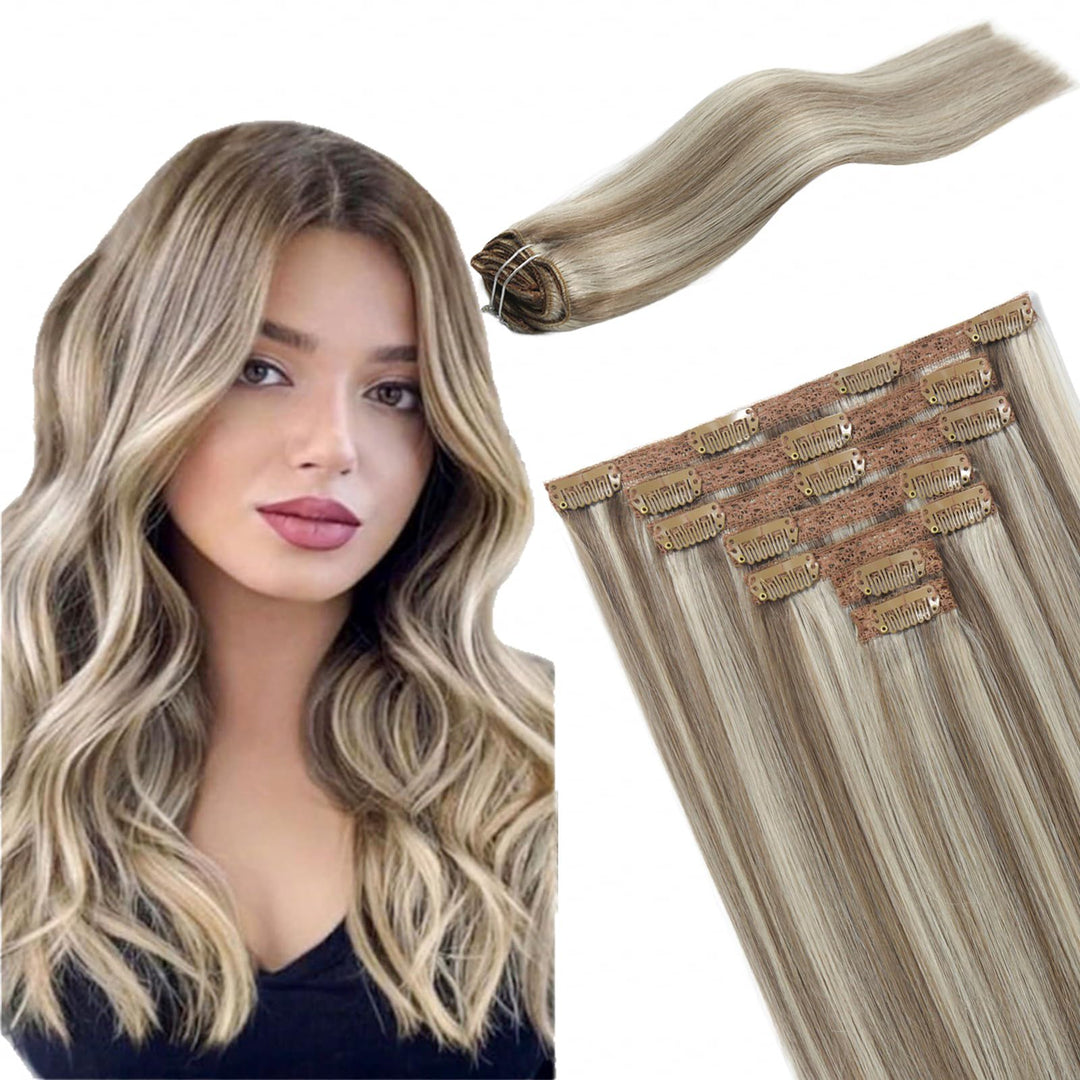 Fubili Hair Extensions Clip Real Human Hair Ash Brown Highlights Platinum Blonde Remy Clip In Hair Extensions Lace Weft Clip In