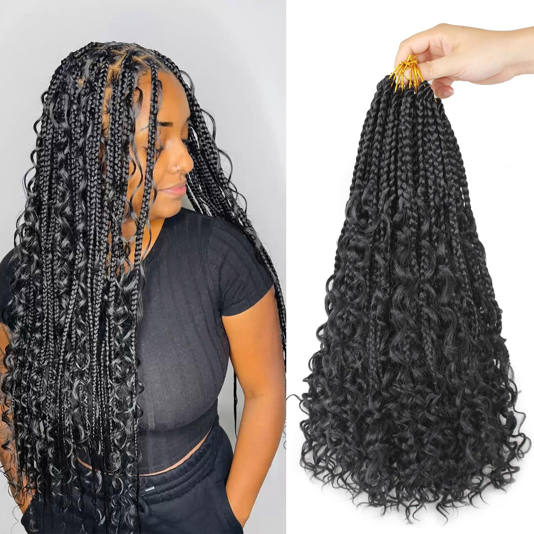 9 Pack Boho Braids Crochet Hair - 24 Inch Pre-looped Goddess Box Braids Crochet Hair Bohemian Crochet Boho Box Braids Crochet Braids With Curly Ends Synthetic Crochet Hair for Women（24 Inch,1B)