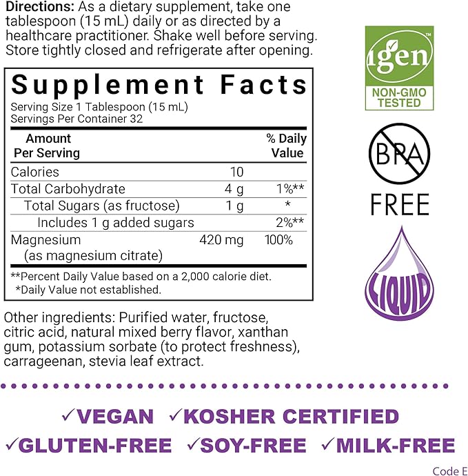 Bluebonnet Nutrition Magnesium Citrate 420 mg - Calm Mind & Body* – Supports Heart, Muscle & Sleep* - Non-GMO, Vegan, Kosher, Gluten-Free, Soy-Free, Milk-Free - 16 FL OZ, Mixed Berry Flavor