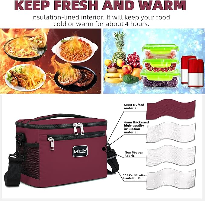 BEIMILY Lunch Box for Men/Women,Small Insulated Lunch Bag,Reusable LunchBox for work Picnic Hiking Beach,Leakproof Soft Cooler Tote Bag Organizer with Adjustable Shoulder Strap for Adults (Dark red)