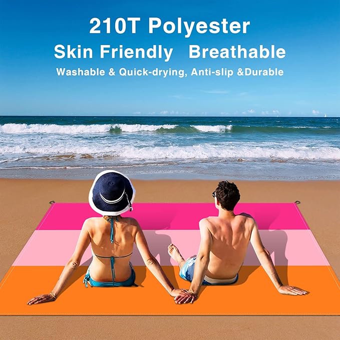 Beach Blanket, Waterproof Sandproof Beach Mat Oversized 79 X 83 Inch for 4-6 Adults, Lightweight Picnic Blanket, Portable Picnic Mat for Outdoor Travel Camping Hiking with 4 Stakes & 4 Corner Pocket