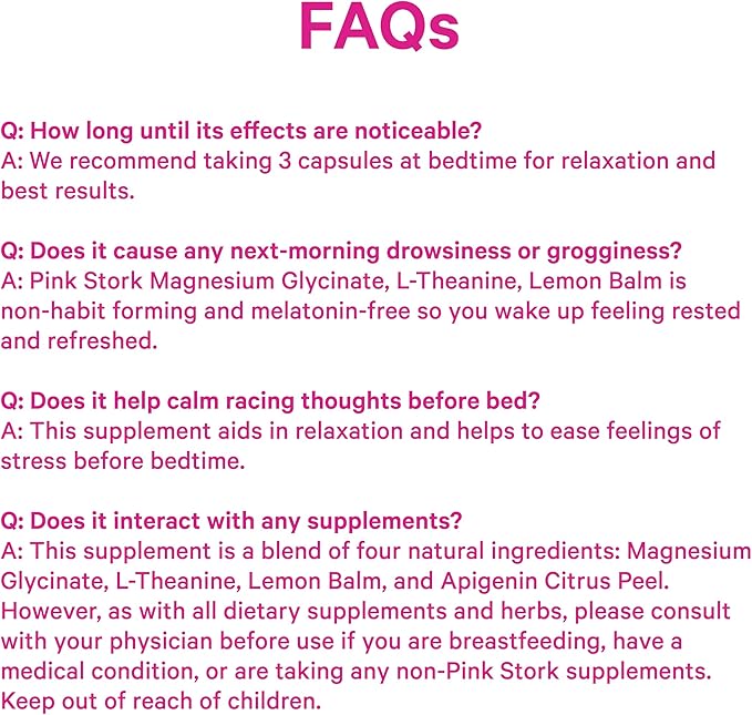 Pink Stork Magnesium Glycinate, L-Theanine, Lemon Balm - Melatonin-Free Magnesium for Sleep Support - Natural Calm and Relaxation - 90 Capsules