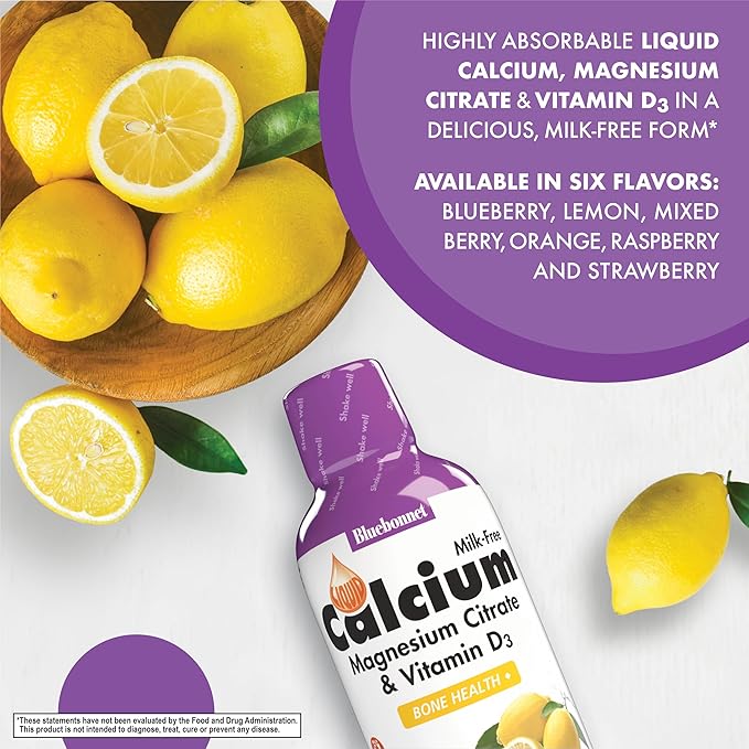 Bluebonnet Nutrition Liquid Calcium Citrate Magnesium Citrate, Vitamin D3, Bone Health, Gluten Free, Soy free, milk free, kosher, 32 Servings, Lemon Flavor, 16 Fl Oz (Pack of 1)