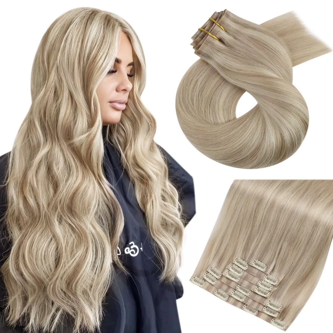 Moresoo Clip In Hair Extensions Real Human Hair Blonde Highlight Seamless Hair Extensions Clip In Human Hair Straight Long Hair