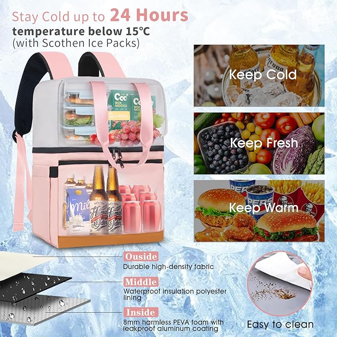 Backpack Cooler with Double Decker & 12 Ice Packs- Keeps 36 Cans Cold for Up to 24 Hours- Waterproof & Leak Proof Insulated Cooler Backpack- Stylish Cooler Bookbag for Women Travel Work Beach