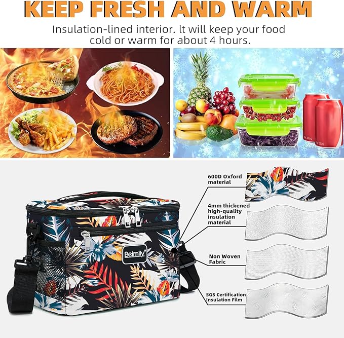 BEIMILY Lunch Box for Men/Women,Small Insulated Lunch Bag,Reusable LunchBox for work Picnic Beach,Leakproof Soft Cooler Tote Bag Organizer with Adjustable Shoulder Strap for Adults(plantflowers)